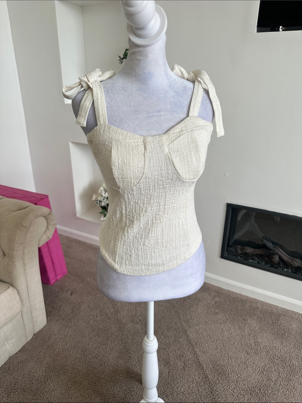 Maeve Cream Textured Tie-Shoulder Bustier Camisole